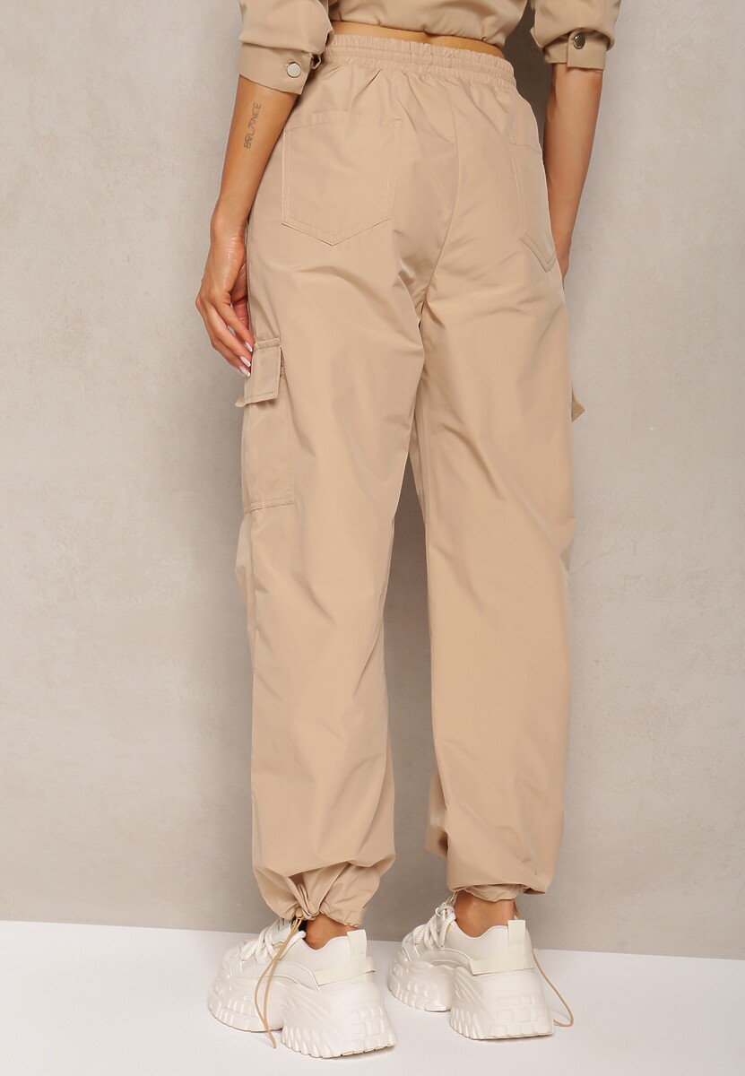Beżowe Bojówki Spodnie z Gumką w Pasie z Szerokimi Nogawkami ze Ściągaczami Nellava