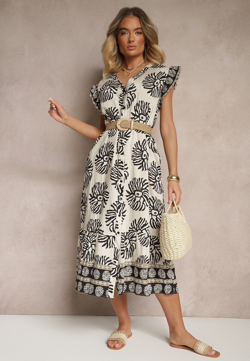 Czarna Sukienka Koszulowa z Wiskozą w Geometryczny Wzór Boredis