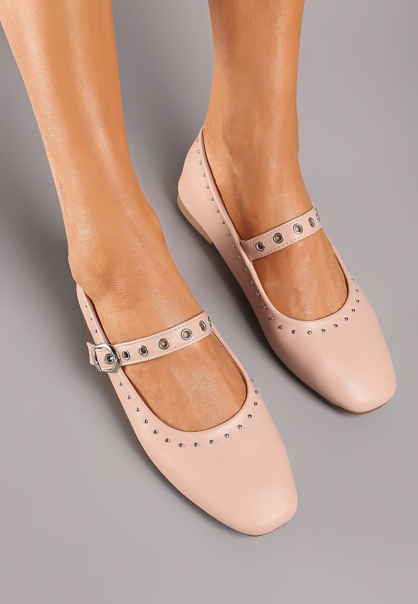 Różowe Balerinki na Płaskiej Podeszwie Mary Jane z Ćwiekami Bialonna