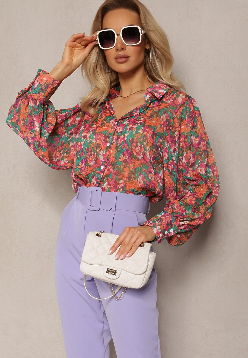 Niebiesko-Różowa Koszula z Bufiastymi Rękawami z Kwiatowym Printem Paedria