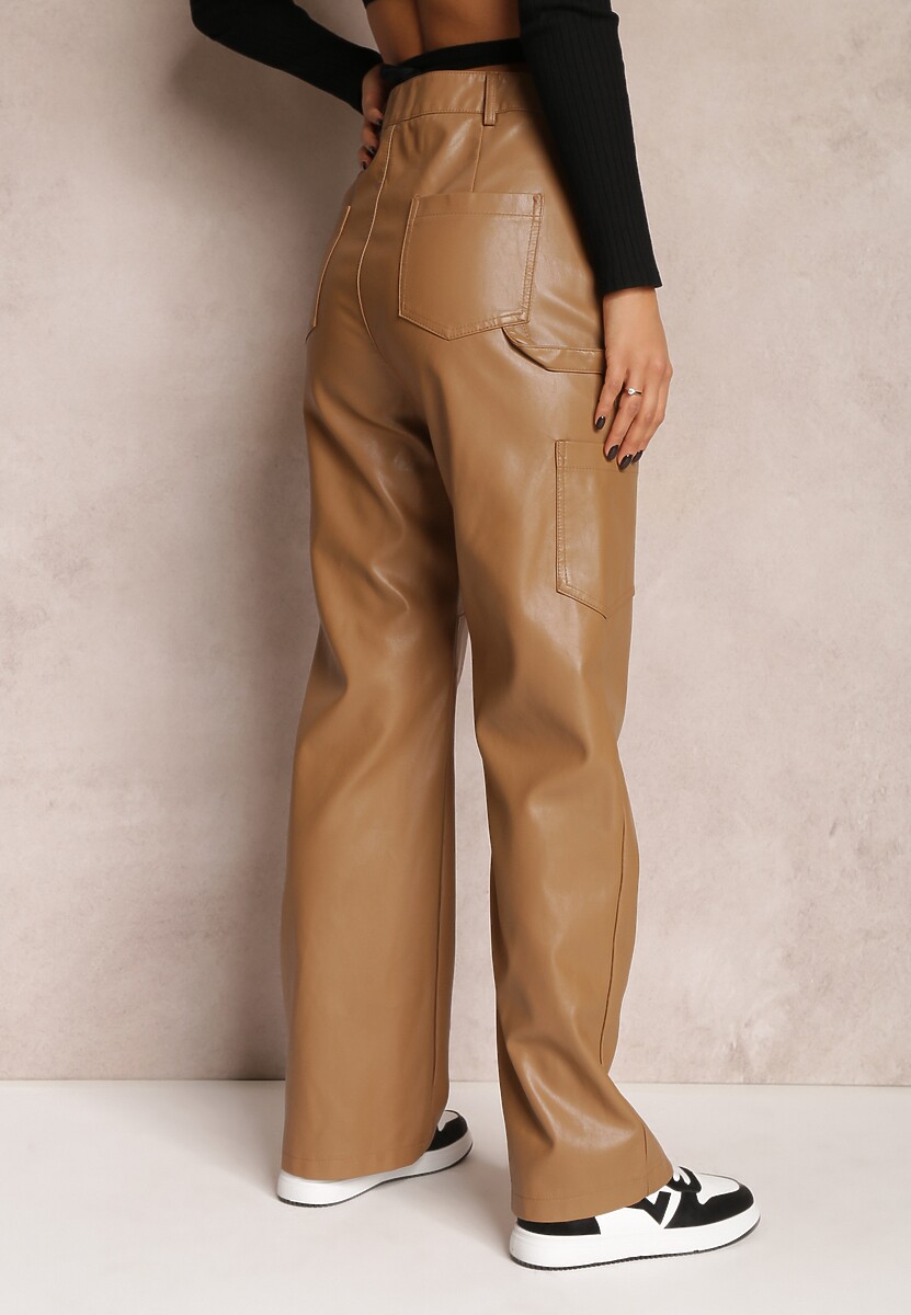 Ciemnobeżowe Spodnie z Imitacji Skóry Szerokie Narash