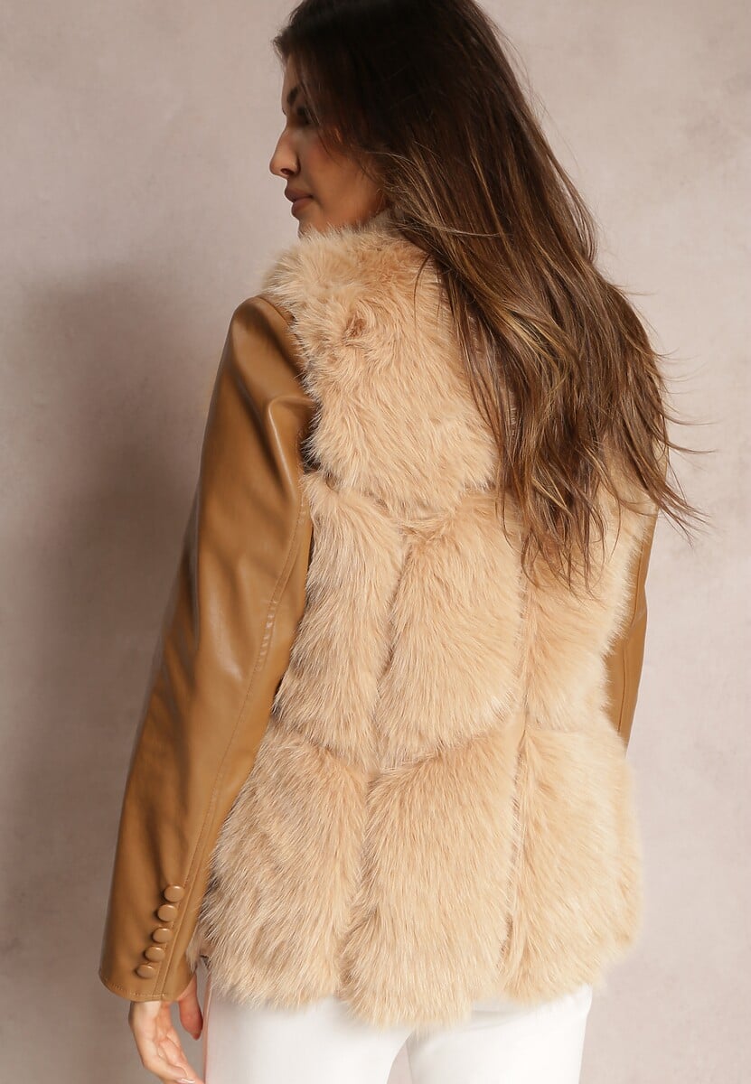 Beżowa Futrzana Kamizelka z Wstawkami z Ekoskóry Lewja