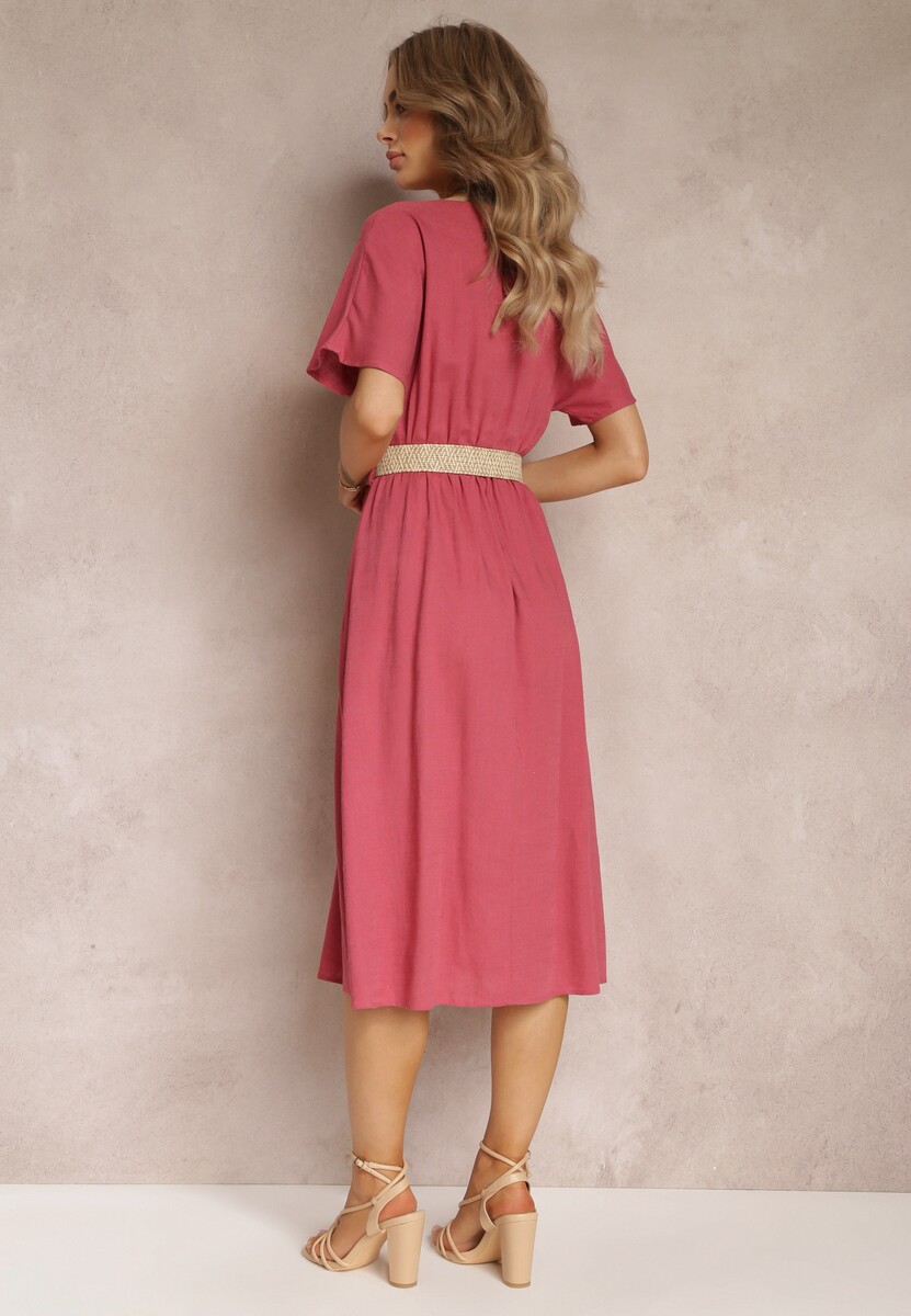 Ciemnoróżowa Koszulowa Sukienka Midi z Bawełny z Gumką w Talii i Plecionym Paskiem Emera