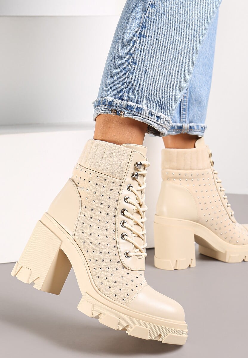 Beżowe Botki Sznurowane na Słupku Hiesore