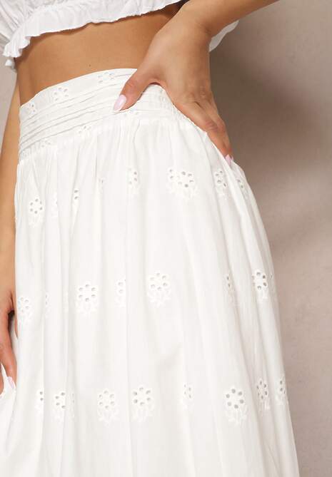 Biała Spódnica z Bawełny o Haftowanym Wykończeniu z Gumką w Talii Wiastera