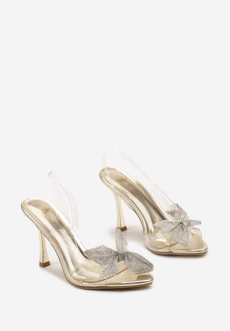 Złote Sandały Transparentne na Szpilce z Cyrkoniami i Kokardką Gnosis