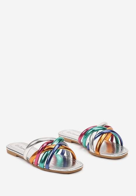 Srebrne Płaskie Klapki Otwarte z Ozdobnymi Paskami Vemina