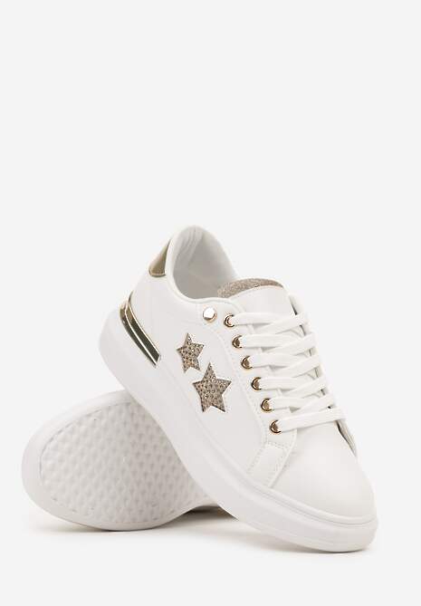 Biało-Złote Sneakersy na Płaskiej Podeszwie Ozdobione Metalicznymi Elementami i Wstawkami Kalelia