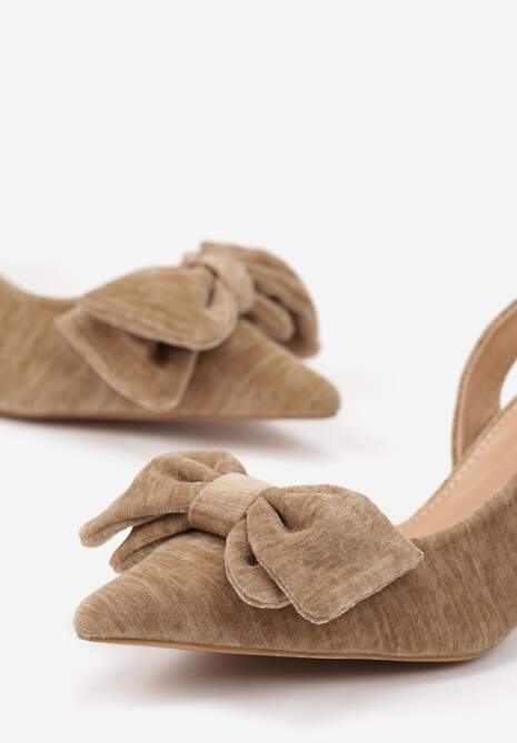 Ciemnobeżowe Sandały na Szpilce Slingback z Kokardą Sunaiel