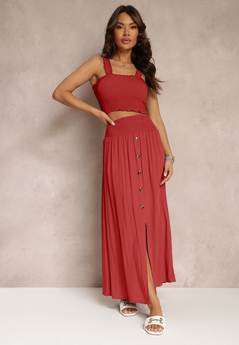 Czerwony 2-częściowy Bawełniany Komplet z Długą Spódnicą i Elastycznym Topem Diomastis