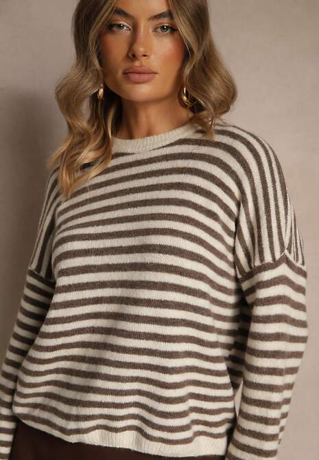 Jasnobeżowy Oversizowy Sweter w Paski z Domieszką Wełny i Wiskozy Tidania