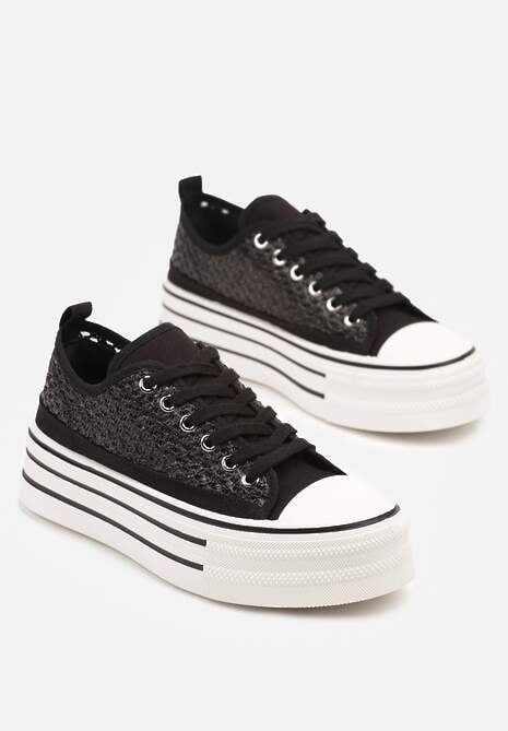 Czarne Trampki na Platformie Ozdobione Koronką Emozi