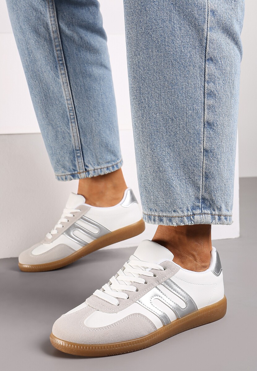 Biało-Srebrne Sneakersy w Stylu Tenisówek na Kauczukowej Podeszwie Movinia