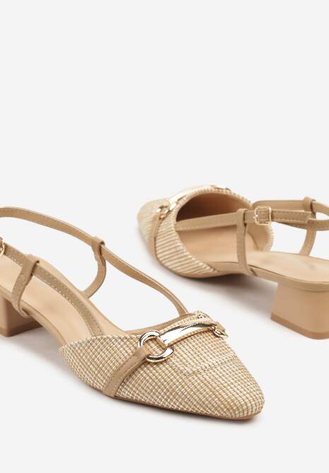 Beżowe Sandały na Słupkowym Obcasie Zdobione Tweedem i Aplikacją Nilioris