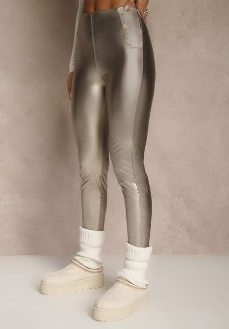 Szampańskie Legginsy High Waist z Imitacji Skóry z Gumką w Pasie Ozdobione Guzikami Sinairis