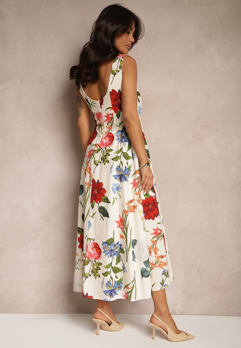 Beżowa Rozkloszowana Sukienka z Bawełny w Kwiatowy Wzór Ilanis