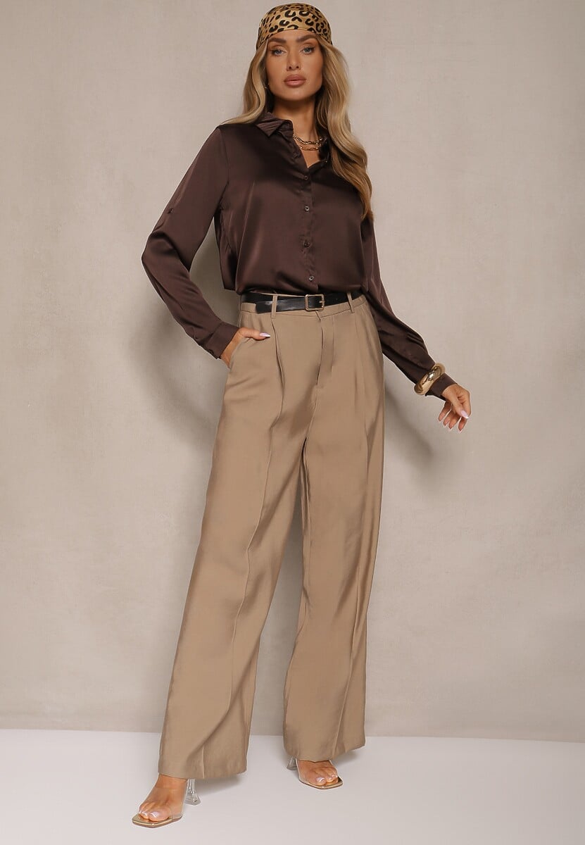 Beżowe Garniturowe Spodnie High Waist o Szerokim Kroju Efrase