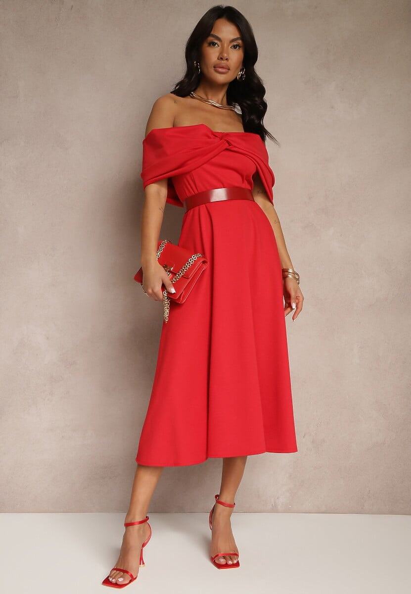 Czerwona Sukienka Rozkloszowana Ozdobiona Kokardą Odarra