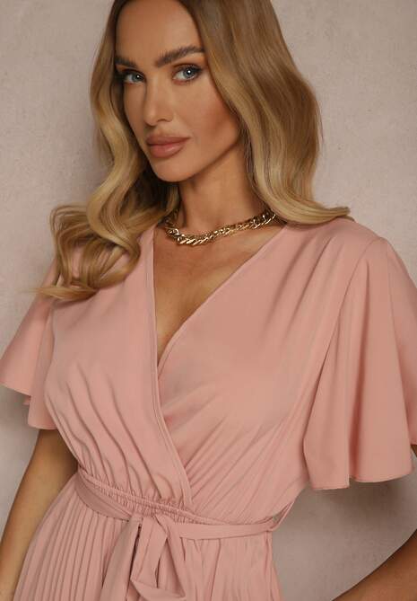 Różowa Sukienka Wiązana w Talii z Plisowaniem na Dole Dorseki