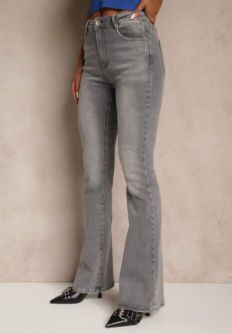 Szare Jeansy High Waist o Kroju Flare Talasena