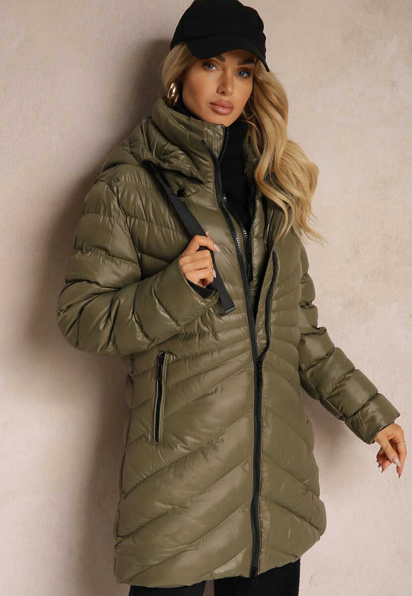 Ciemnoszara Zimowa Kurtka z Ukośnym Pikowaniem i Nieodpinanym Kapturem Siaritha