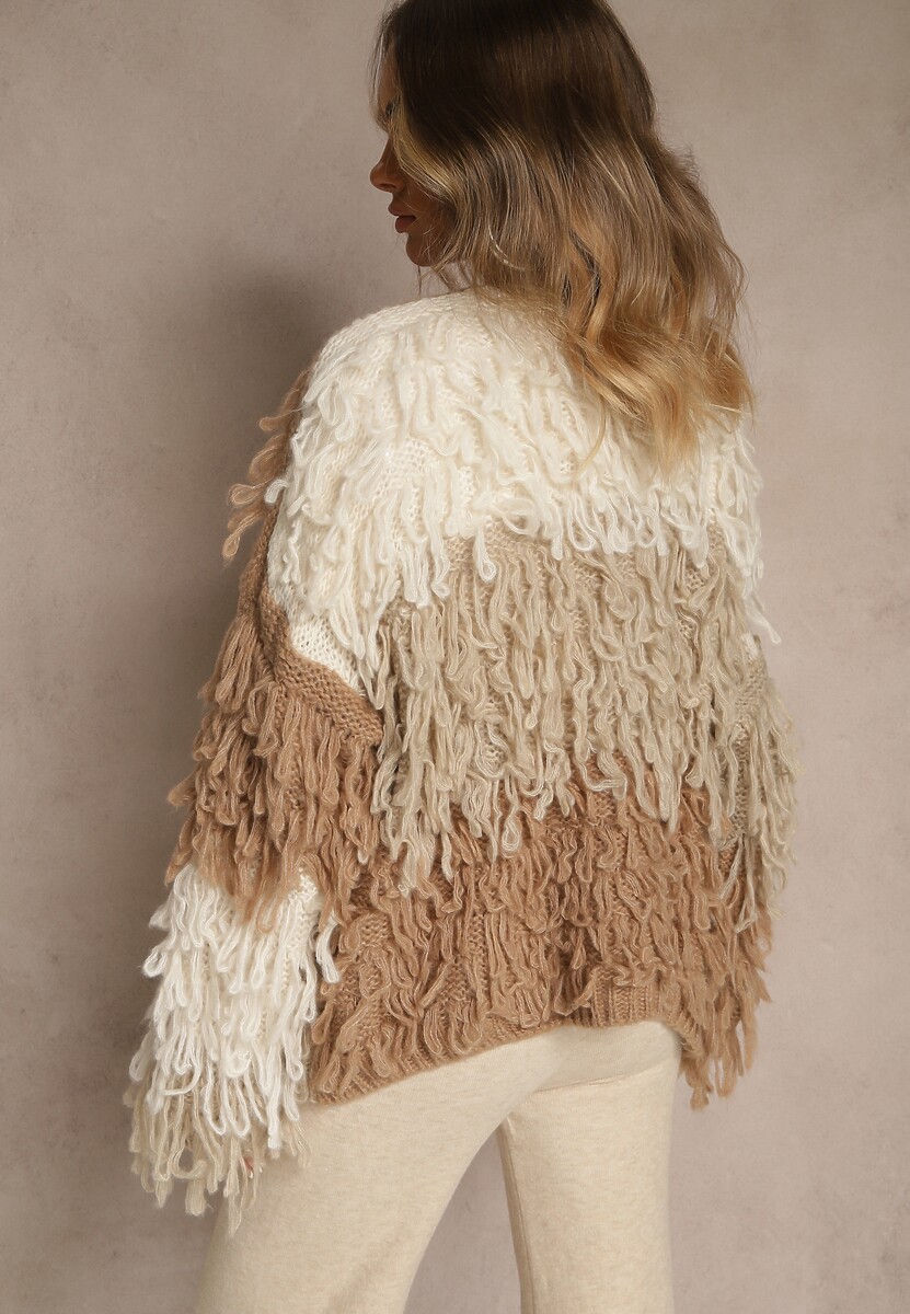 Beżowy Kardigan Bez Zapięć z Domieszką Wełny Zdobiony Imitacją Piór Lanitia