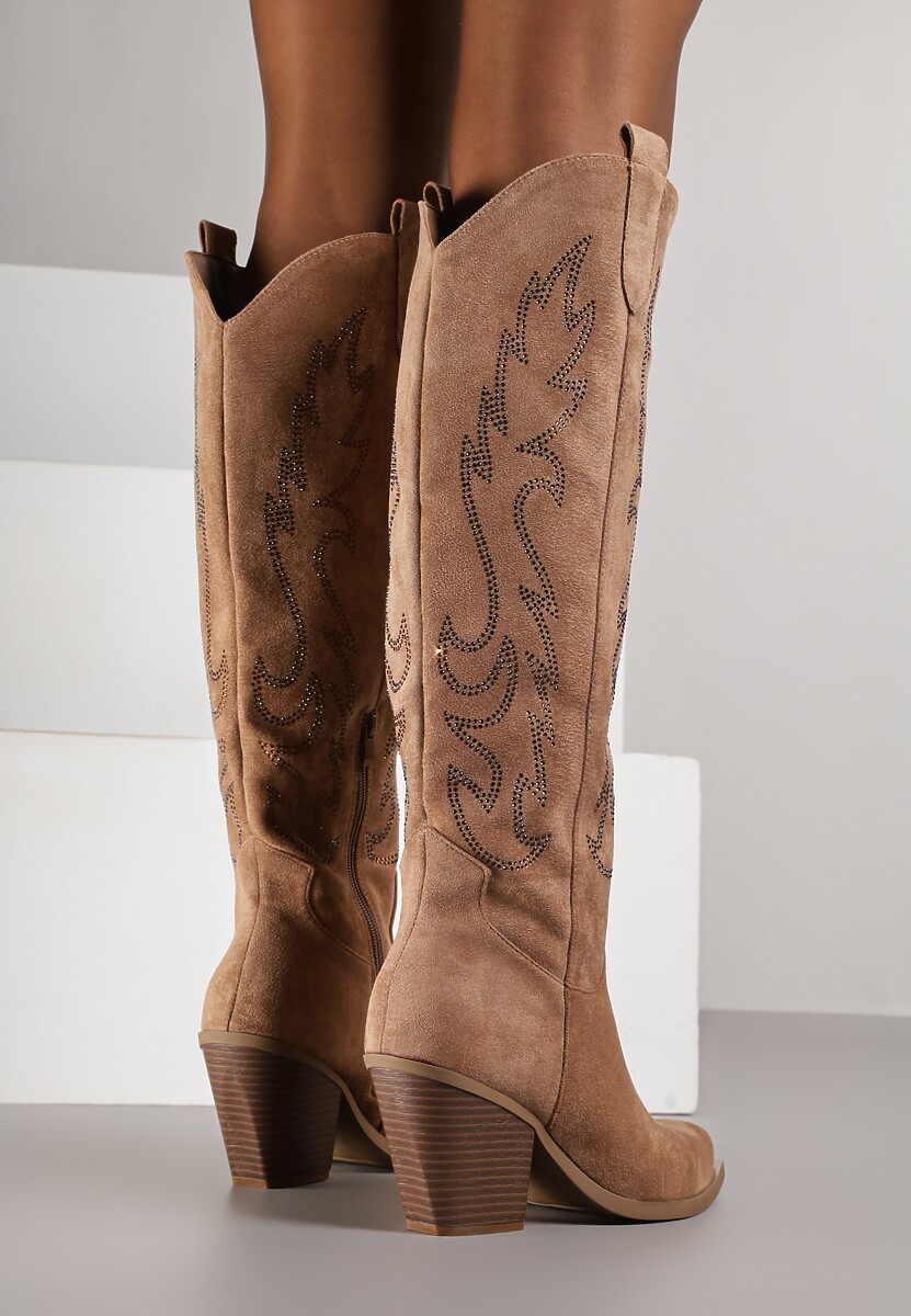 Jasnobrązowe Kozaki Kowbojki na Stożkowym Obcasie Zdobione Cyrkoniami Nalera