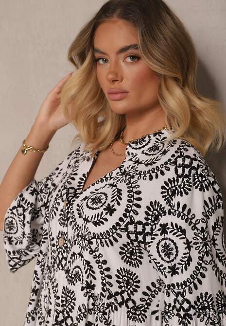 Biało-Czarna Sukienka z Bawełny o Rozkloszowanym Kroju Ozdobiona Guzikami Janivra
