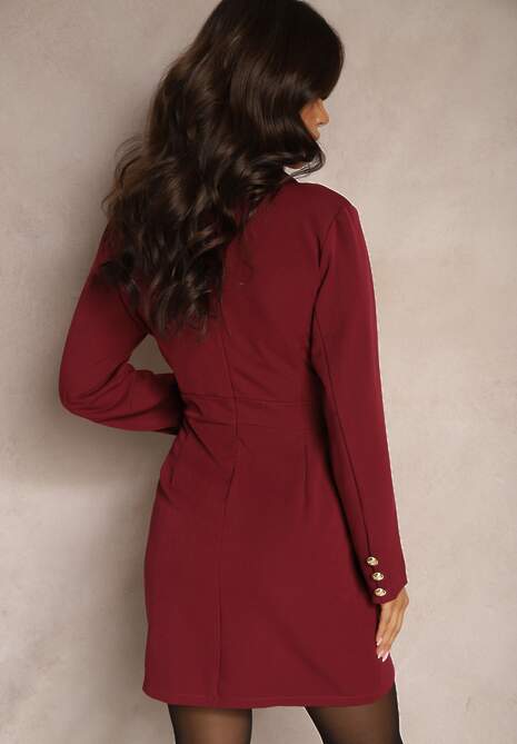 Ciemnobordowa Sukienka z Wiskozą i Kopertowym Dekoltem z Ozdobnymi Guzikami Ellanaris