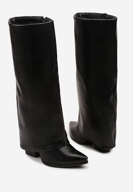 Czarne Kozaki Kowbojki na Stożkowym Obcasie Ozdobione Wywiniętą Cholewką Nalunisa