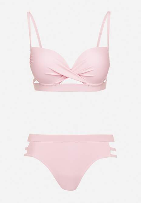 Jasnoróżowe Bikini z Ozdobnymi Wycięciami Wiązany Biustonosz i Majtki Figi Kinessa
