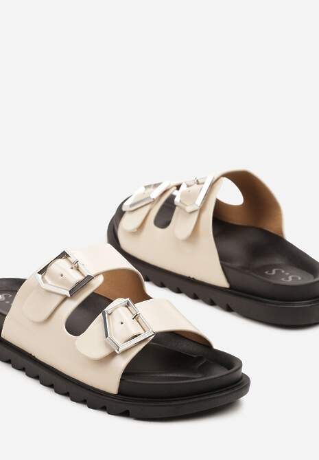 Beżowe Klapki z Paskami Ozdobionymi Klamrami Virfia