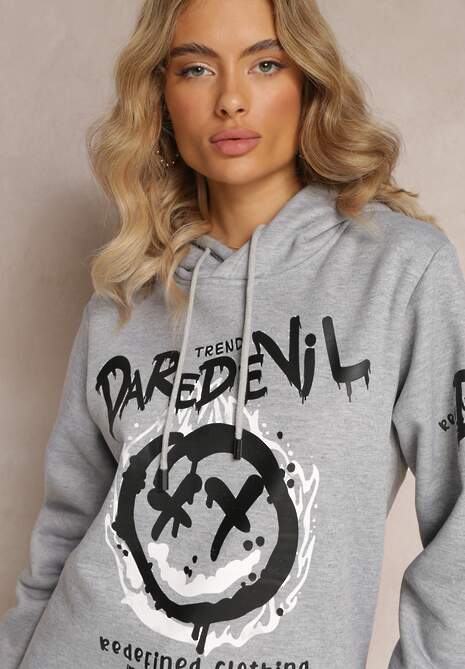 Jasnoszara Bluza z Polarem i Nadrukiem Thalindra