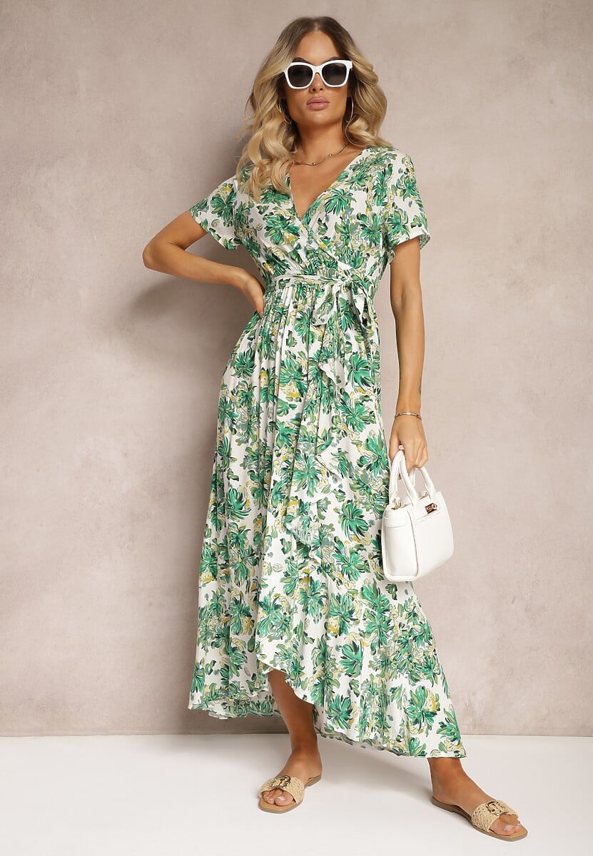 Zielona Rozkloszowana Sukienka z Wiskozy z Gumką w Pasie i Materiałowym Paskiem Vikllia