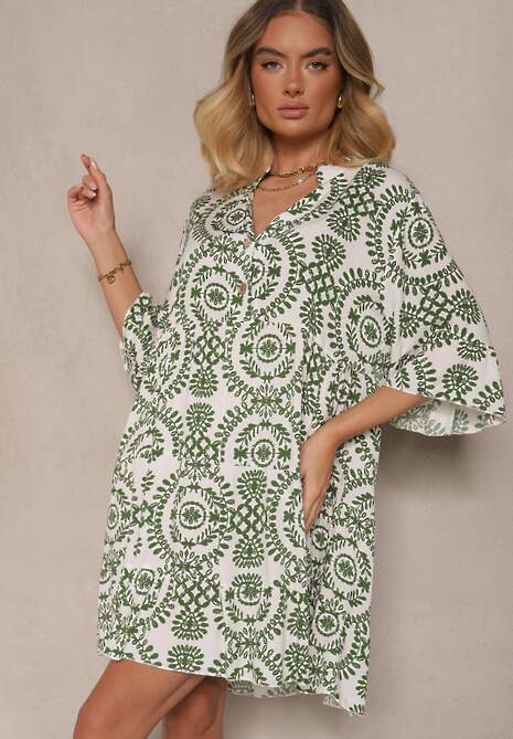 Zielona Sukienka z Bawełny o Rozkloszowanym Kroju Ozdobiona Guzikami Janivra