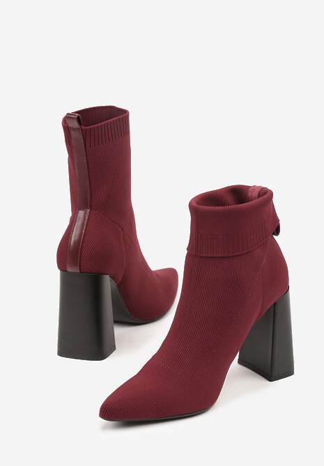 Bordowe Botki Vices na Geometrycznym Słupku ze Skarpetową Cholewką Falunelle