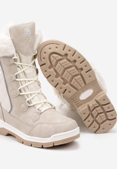 Beżowe Śniegowce z Pikowanym Przeszyciem i Futerkiem na Grubej Podeszwie Amartina