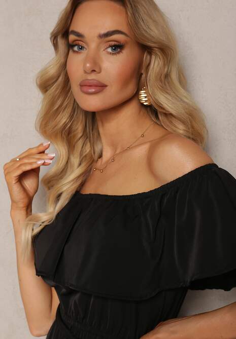 Czarna Hiszapanka Sukienka o Rozkloszowanym Fasonie z Falbanką Naviara