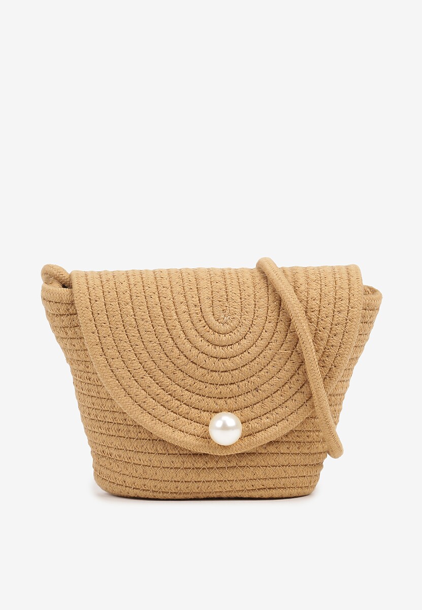 Ciemnobeżowa Szydełkowa Torebka z Bawełny Typu Listonoszka z Perełką Savrine