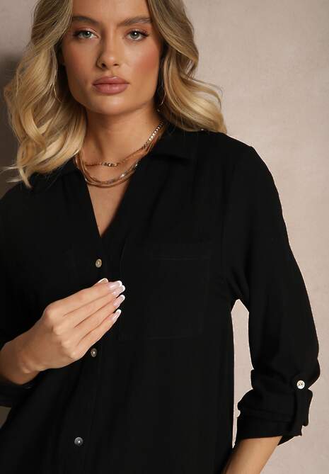Czarna Sukienka Koszulowa z Wiskozą Lnem i Regulacją przy Rękawach Florvezia
