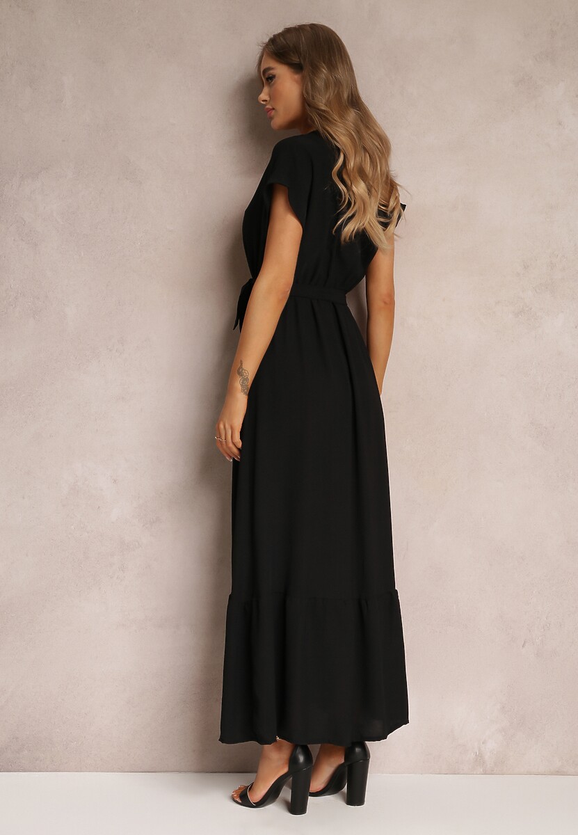 Czarna Kopertowa Sukienka z Gumką w Talii i Wiązaniem Mylelse