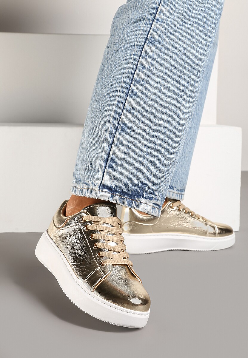 Złote Metaliczne Sneakersy Vices na Płaskiej Podeszwie Syliel