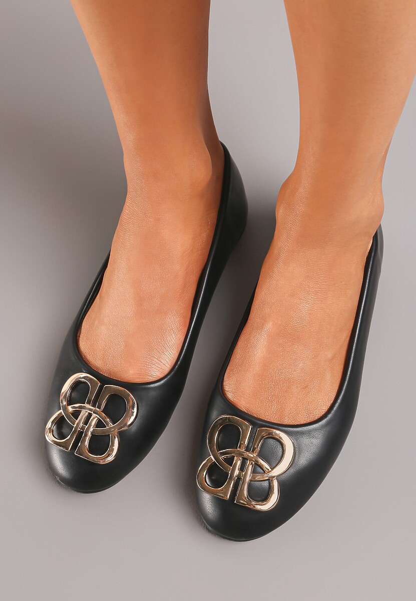Czarne Balerinki Klasyczne Wsuwane ze Złotą Ozdobą z Metalu Tarins