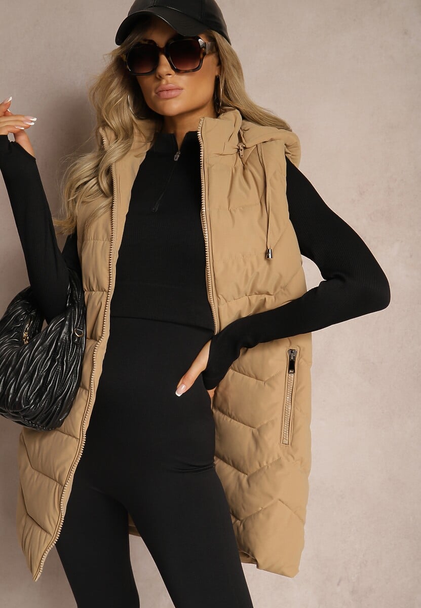 Granatowa Kamizelka Pikowana Zapinana na Suwak Ozdobiona Kapturem i Sznurkami Finaria