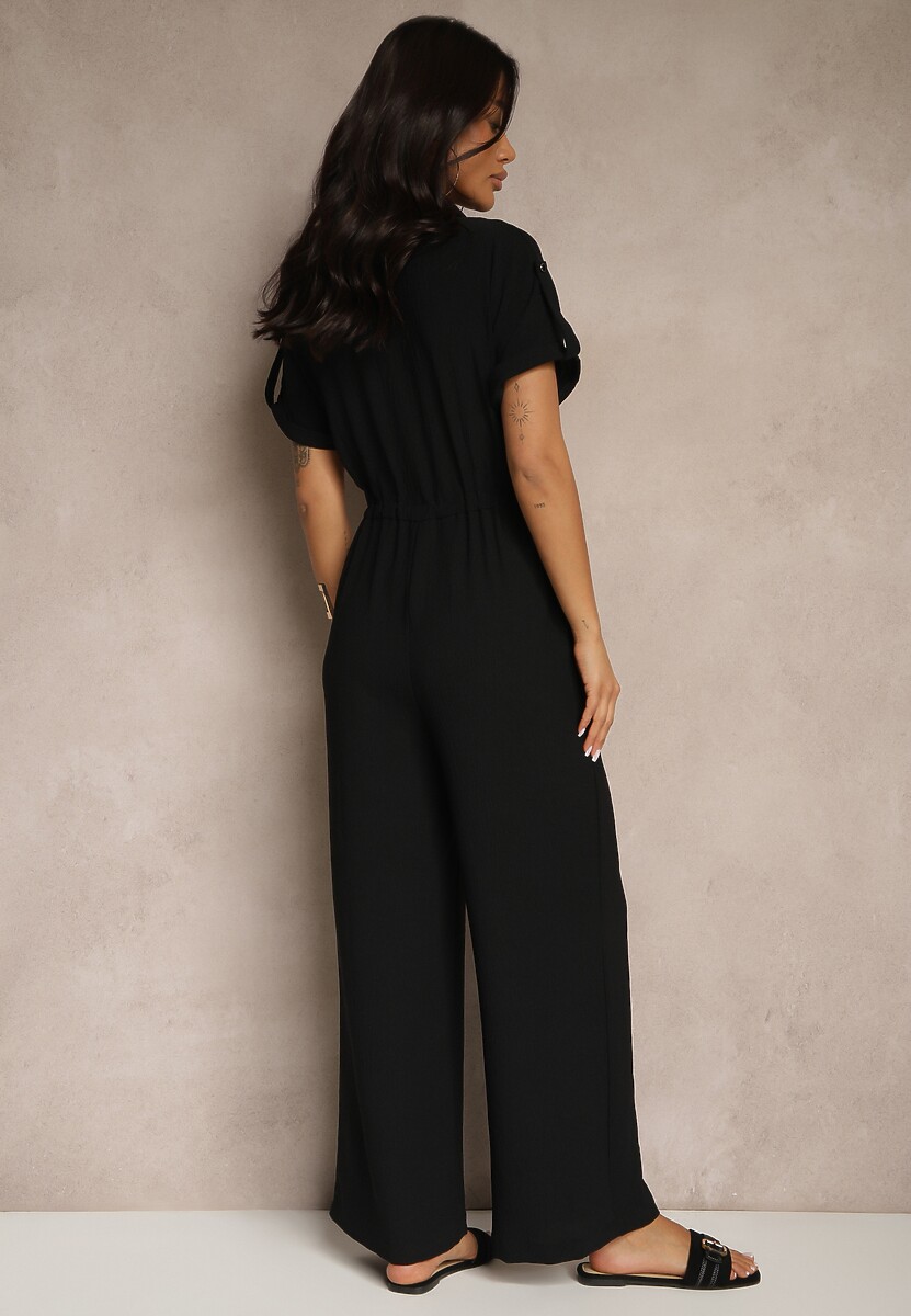 Czarny Koszulowy Kombinezon z Krótkim Rękawem Wiązany w Pasie Maraisla