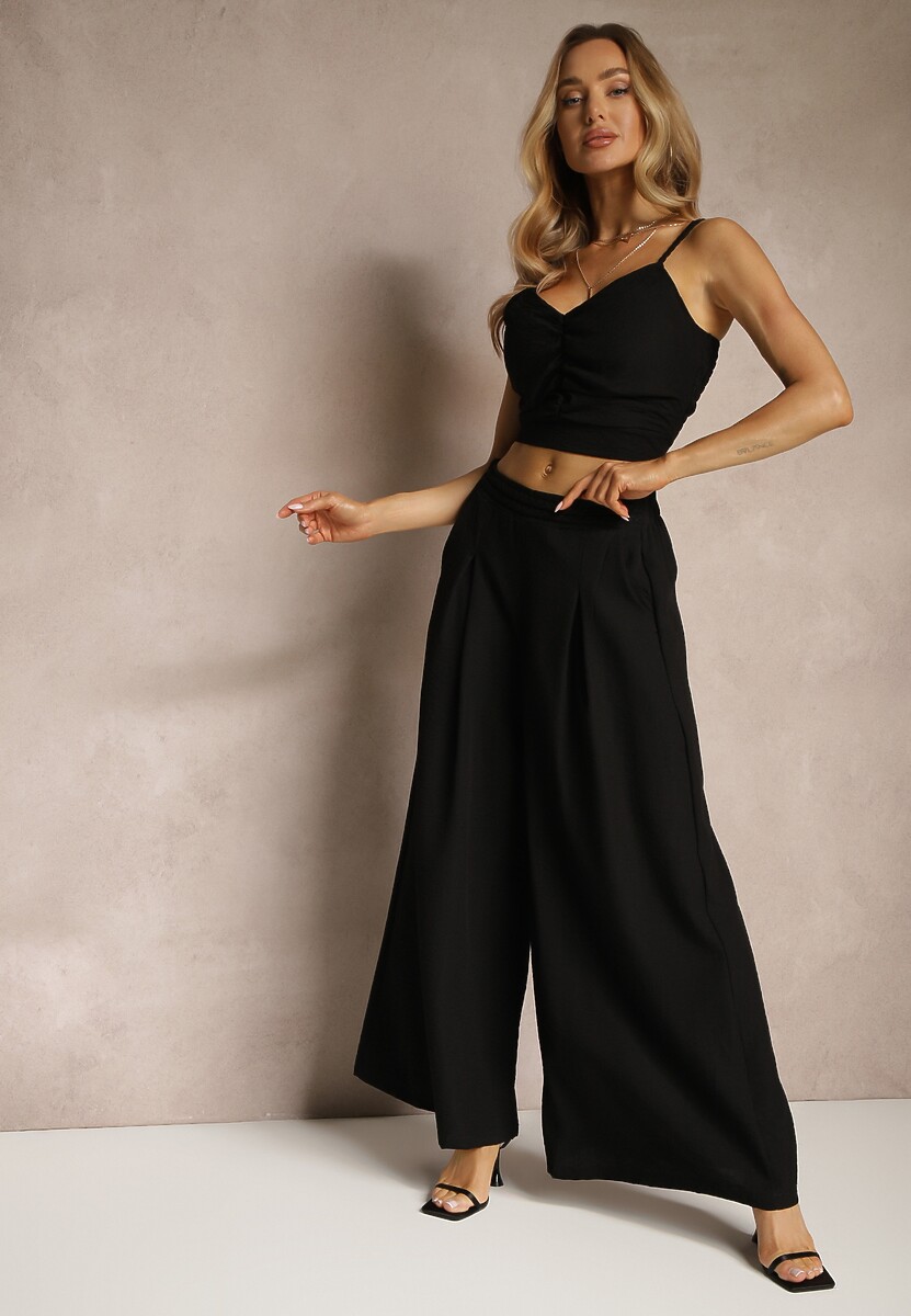 Czarny Komplet z Wiskozą Szerokie Spodnie Top z Usztywnianymi Miseczkami Tirtebis