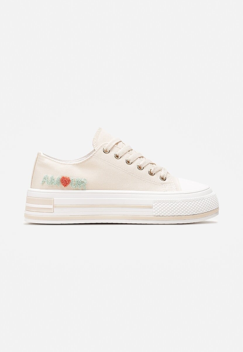 Beżowe Sznurowane Trampki na Grubej Podeszwie z Aplikacją Aniler