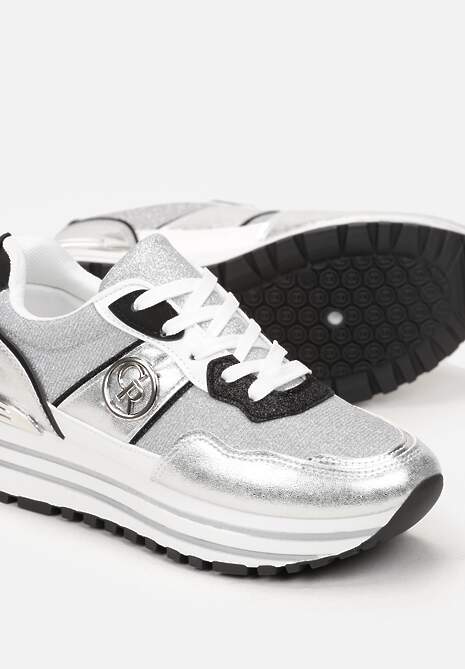 Srebrne Brokatowe Sneakersy na Grubej Podeszwie Lelina