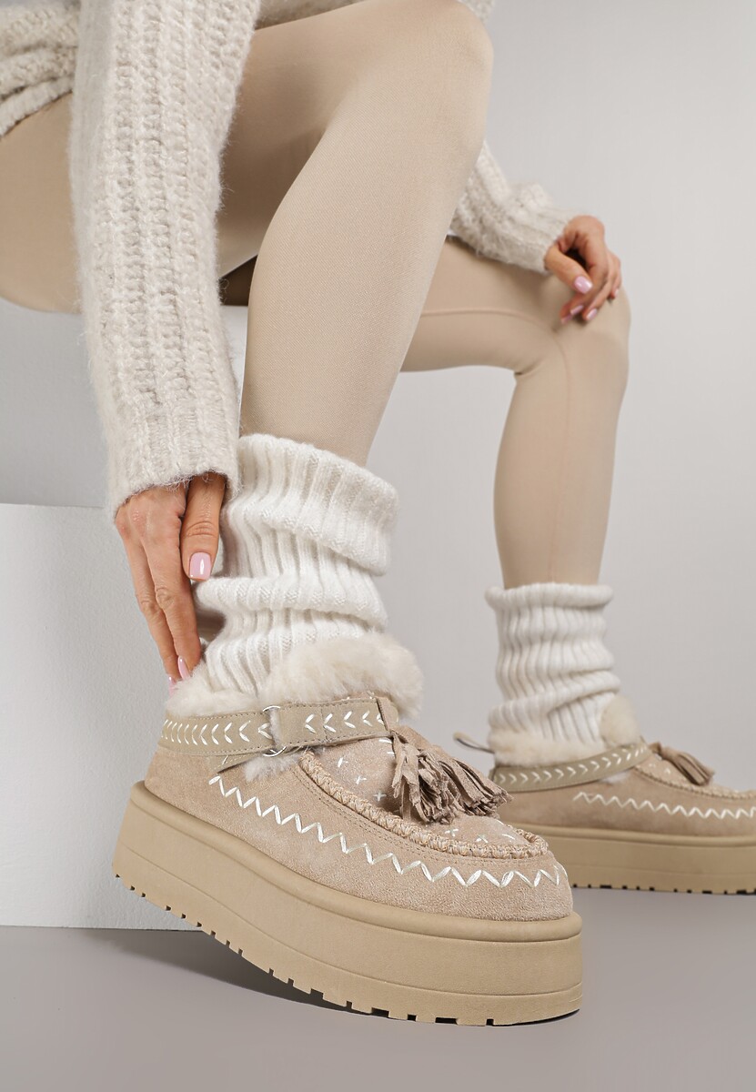 Beżowe Śniegowce na Platformie Ozdobione Haftem i Frędzlami  Linomis