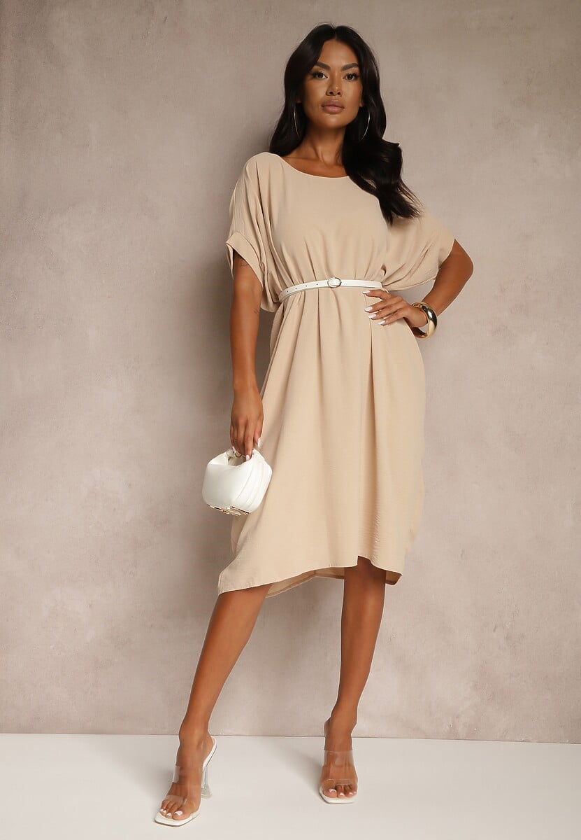 Beżowa Sukienka Mini o Fasonie Nietoperza z Okrągłym Dekoltem Maglia
